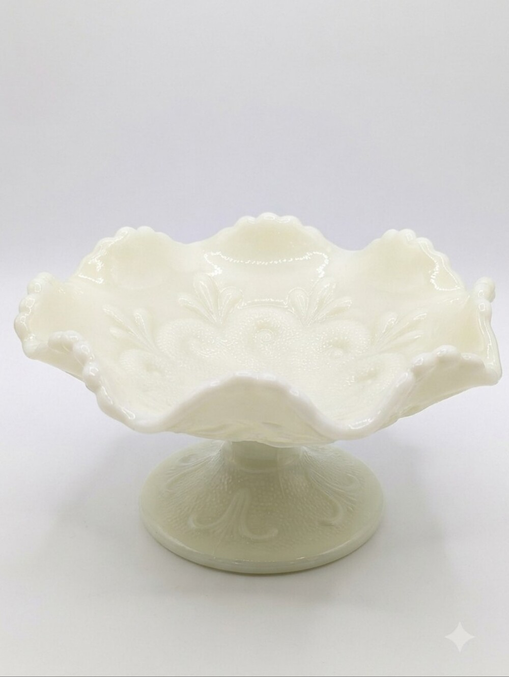 Fenton Persian Medallion Custard Glass Ruffled Compote - Uranium Glow! ☢️